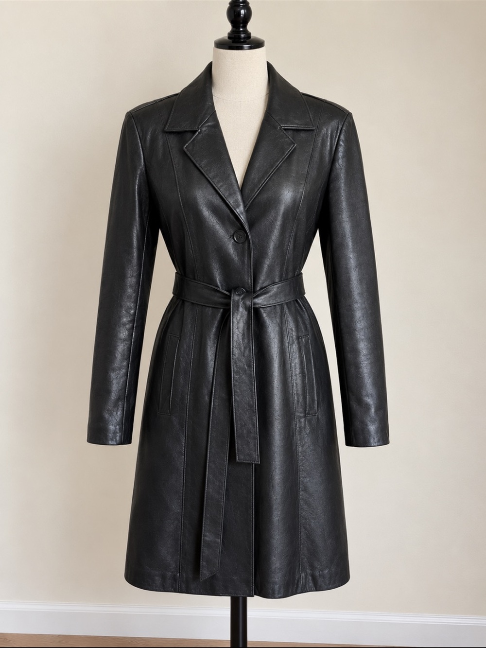Classic Black Leather Trench Coat with Belt